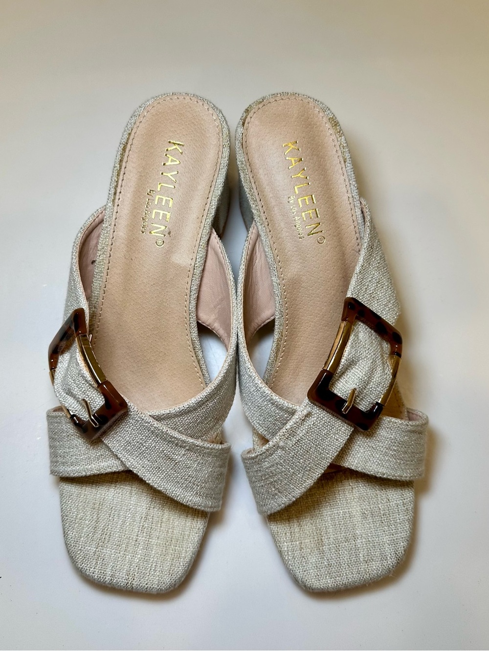 KAYLEEN By Los Angeles Cream Linen Buckle Slide Mules